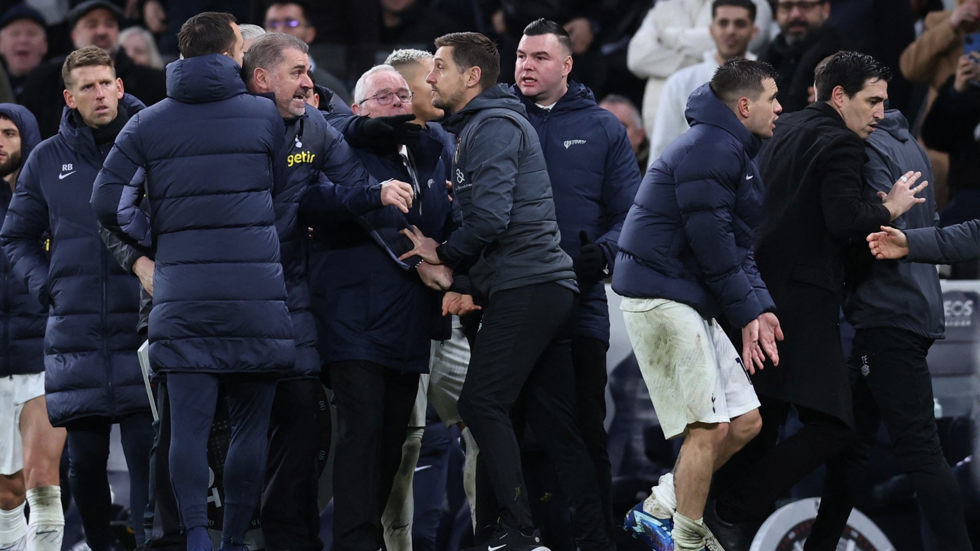 Furious Ange Postecoglou held back in heated row with Bournemouth staff as Spurs close gap on Arsenal with huge win