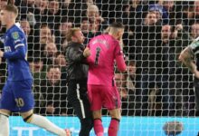 Yob confronts Newcastle goalkeeper Dubravka after running on pitch from Chelsea end following last gasp goal