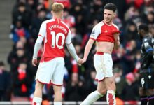 Arsenal fans spot hobbling Declan Rice mouth ‘hammy’ to team-mates with England star at risk of long injury layoff