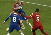 Chelsea fans rage after being denied 'stonewall penalty' vs Liverpool as Gallagher goes down under Van Dijk challenge