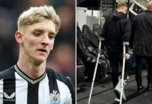 Newcastle star Anthony Gordon spotted leaving ground on crutches as Eddie Howe's injury crisis goes from bad to worse